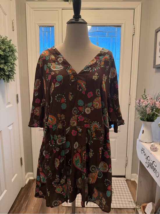 Cato Tops - Cato Brown Paisley V-Neck Tunic with Teal & Pink Accents